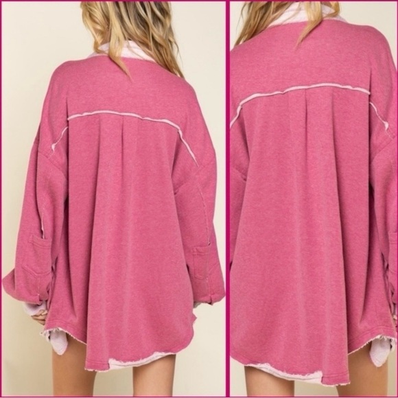 POL | Raspberry Pink French Terry Oversized Shacket - Picture 2 of 6